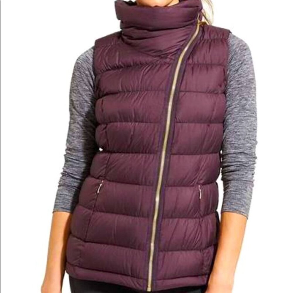 Athleta Downabout Asymmetric Puffer Vest in Wild Raisin